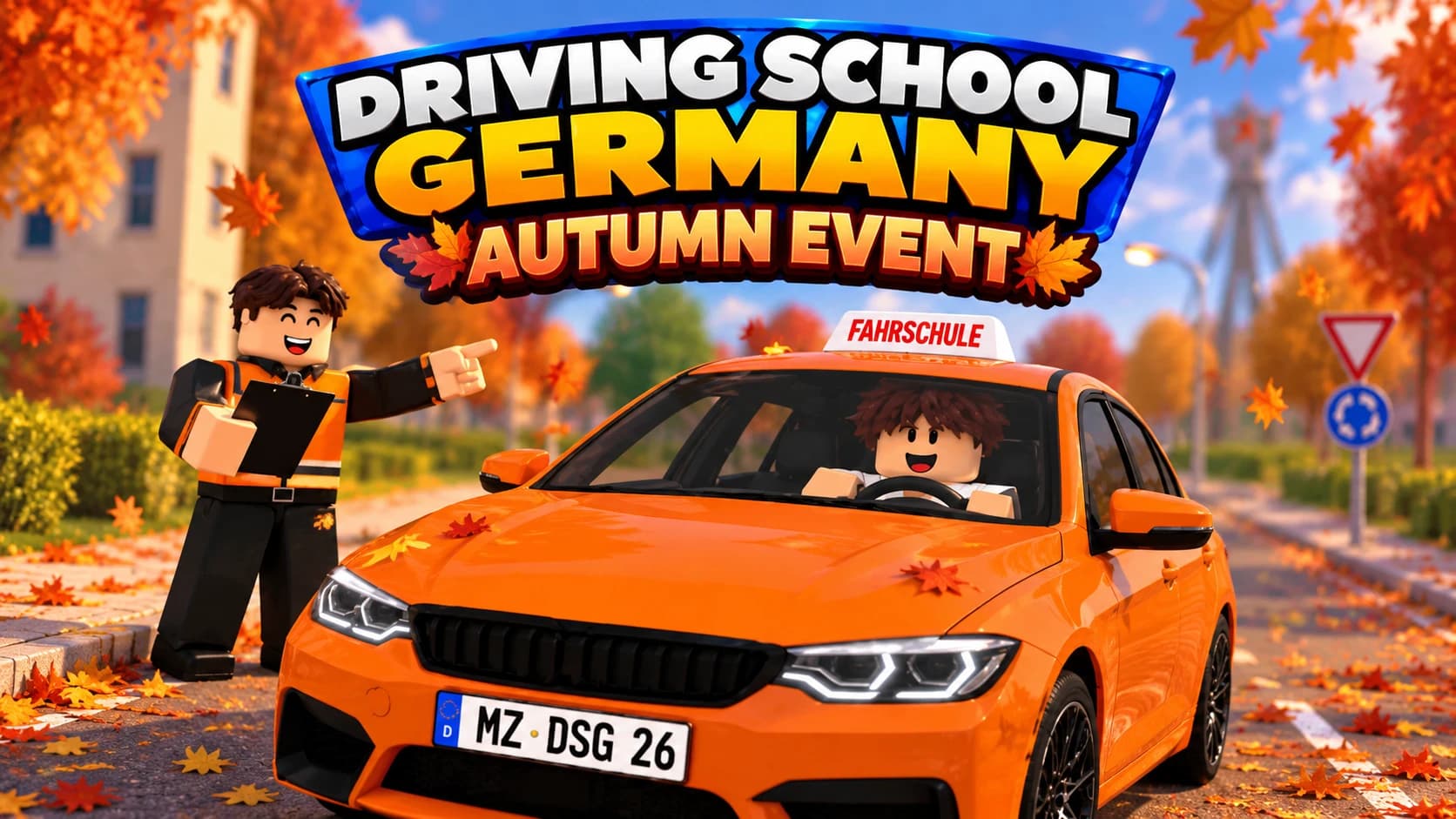 Driving School Germany – Autumn Event: Fahrlehrer und orangefarbenes Fahrschulauto im Herbstlaub