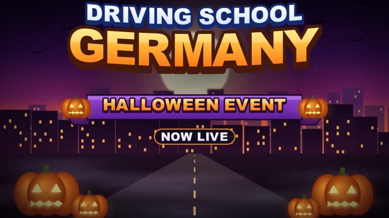 Driving School Germany – Halloween Event: Kürbisse und Straße bei Nacht